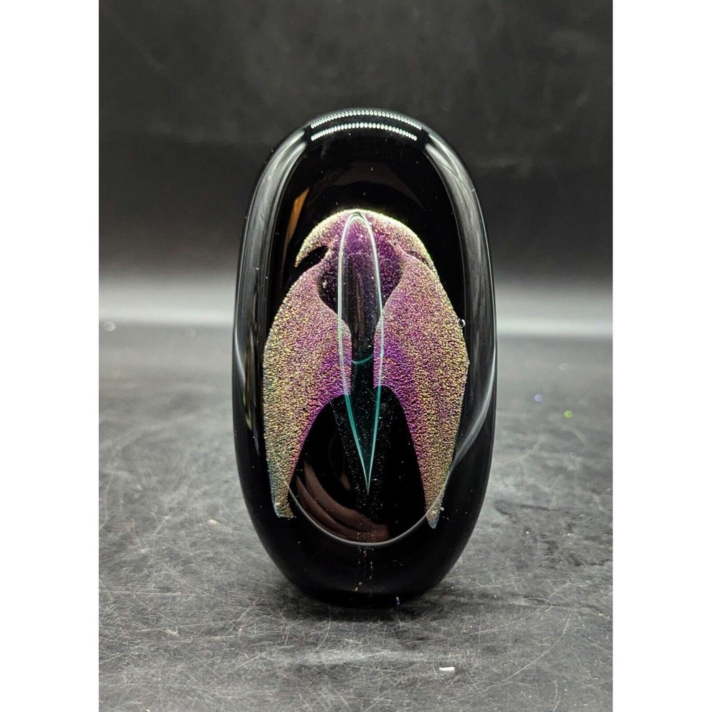 Schuster Black Gold Dichroic Lily Flower Art Glass Paperweight Oblong Signed